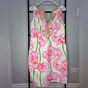 Lilly Pulitzer Gold White Janice Shift Dress Floral Clover Cup Embroidered sz 8